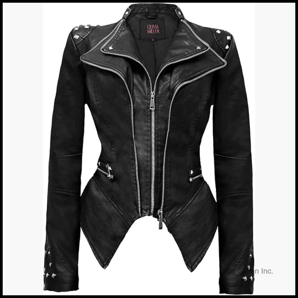 Faux Leather Biker Jacket with Rivet Lapel and Swallow Tail Hem